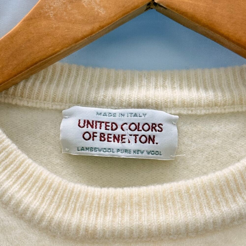 United Colors of Benetton 80s/90s Lambswool Crewneck Sweater Ivory Made in Italy - Picture 3 of 5